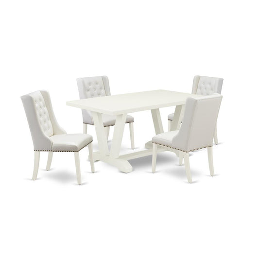 5-Piece Dining Table Set Consists Of 4 White Pu Leather Kitchen Chair Button Tufted And Dining Tables By East West Furniture | Dining Sets | Modishstore