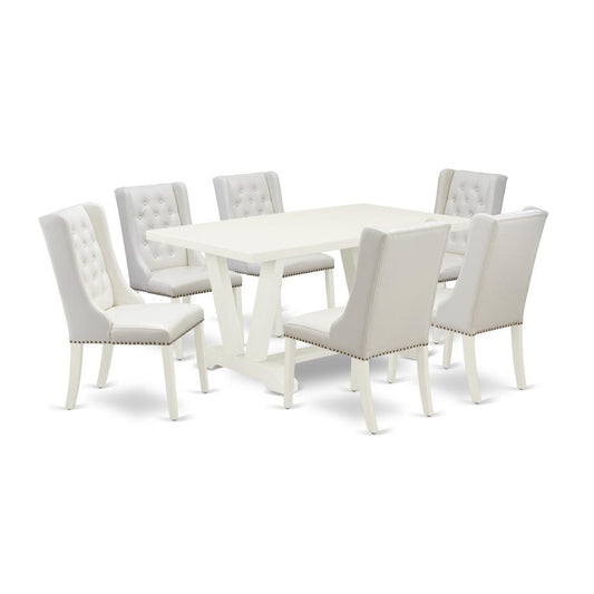 7-Pc Dining Table Set Contains 6 White Pu Leather Dining Room Chair Button Tufted And Dining Tables By East West Furniture | Dining Sets | Modishstore
