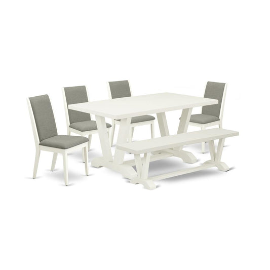 6-Piece Stylish Modern Dining Table Set An Outstanding Linen White Dining Room Table Top And Linen White Wooden Bench Indoor And 4 Awesome Linen Fabric Padded Chairs Wi And Dining Tables By East West Furniture | Dining Sets | Modishstore
