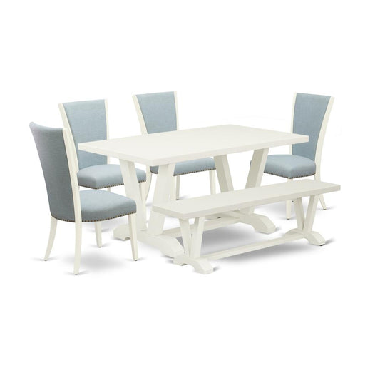 6 Piece Dining Room Table Set - 4 Baby Blue Linen Fabric Dining Chair And Dining Tables By East West Furniture | Dining Sets | Modishstore