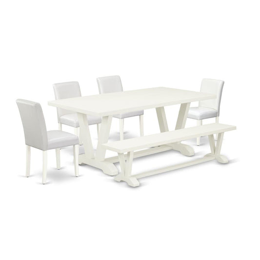 6-Piece Amazing Modern Dining Table Set A Superb Linen White Dining Table Top And Linen White Kitchen Bench And 4 Awesome Pu Leather Dining Chairs And Dining Tables By East West Furniture | Dining Sets | Modishstore