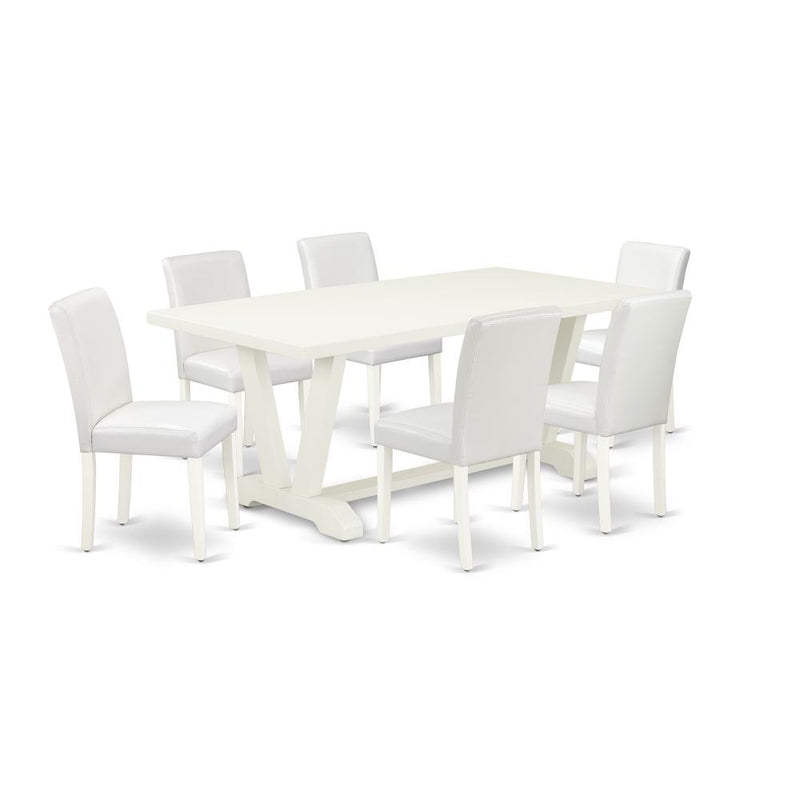 7-Piece Beautiful Sining Room Set An Excellent Linen White Rectangular Table Top And 6 Amazing Pu Leather Dining Chairs And Dining Tables By East West Furniture | Dining Sets | Modishstore