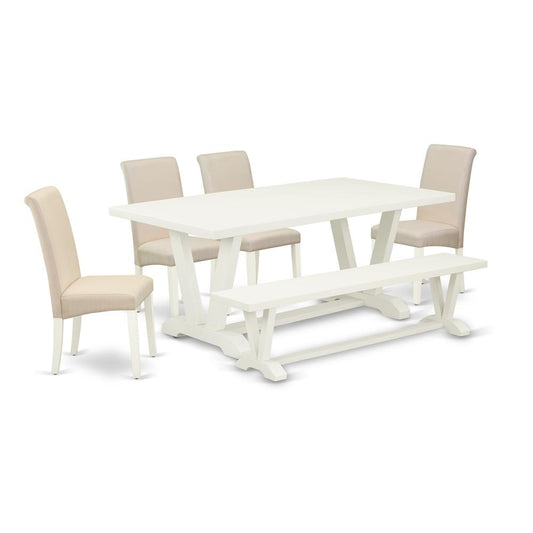 6-Pc Kitchen Dinette Set-Luxurious Cream Linen Fabric Seat And High Stylish Chair Back Parson Dining Chairs, A Rectangular Bench And Rectangular Top Mid Century Dining Table And Dining Tables By East West Furniture | Dining Sets | Modishstore