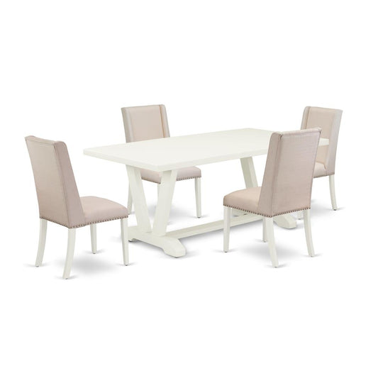 5-Piece Beautiful Dining Room Set An Outstanding Linen White Rectangular Table Top And 4 Amazing Linen Fabric Solid Wood Chairs Legs And Dining Tables By East West Furniture | Dining Sets | Modishstore