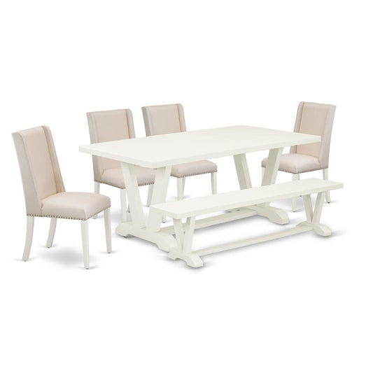 6-Piece Awesome Dining Table Set A Great Linen White Kitchen Table Top And Linen White Dining Table Bench And 4 Lovely Linen Fabric Parson Chairs And Dining Tables By East West Furniture | Dining Sets | Modishstore