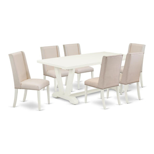 7-Piece Beautiful Dining Room Table Set A Good Linen White Dining Table Top And 6 Awesome Linen Fabric Parson Dining Chairs And Dining Tables By East West Furniture | Dining Sets | Modishstore