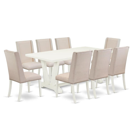 9-Piece Modern Dinette Set A Great Linen White Dining Room Table Top And 8 Amazing Linen Fabric Dining Chairs And Dining Tables By East West Furniture | Dining Sets | Modishstore