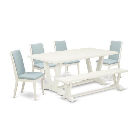 6Pc Dining Set Offers A Dining Room Table, 4 Parson Dining Chairs With Baby Blue Color Linen Fabric And A Bench, Medium Size Table With Full Back Chairs, Wirebrushed Li By East West Furniture | Dining Sets | Modishstore