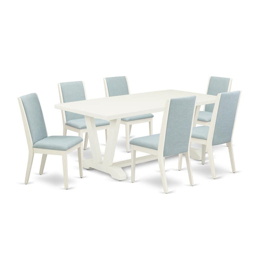 7Pc Dining Table Set Contains A Dining Room Table And 6 Parson Chairs With Baby Blue Color Linen Fabric, Medium Size Table With Full Back Chairs, Wirebrushed Linen Whit By East West Furniture | Dining Sets | Modishstore