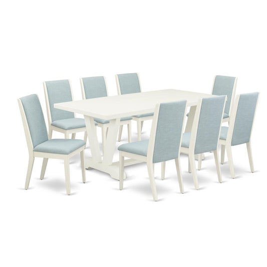 9Pc Dining Room Table Set Consists Of A Rectangle Table And 8 Parsons Dining Chairs With Baby Blue Color Linen Fabric, Medium Size Table With Full Back Chairs, Wirebrus By East West Furniture | Dining Sets | Modishstore