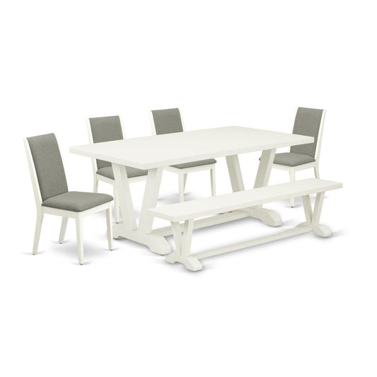6-Piece Amazing Dining Room Table Set An Excellent Linen White Kitchen Rectangular Table Top And Linen White Kitchen Bench And 4 Stunning Linen Fabric Dining Room Chair And Dining Tables By East West Furniture | Dining Sets | Modishstore