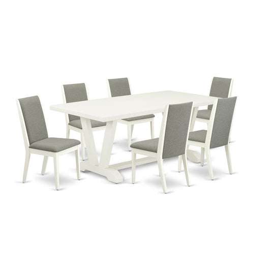 7-Piece Fashionable Rectangular Dining Room Table Set A Superb Linen White Rectangular Dining Table Top And 6 Amazing Linen Fabric Padded Chairs And Dining Tables By East West Furniture | Dining Sets | Modishstore