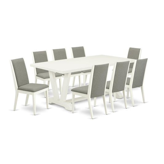 9-Piece Awesome Dining Table Set A Good Linen White Dining Table Top And 8 Awesome Linen Fabric Dining Room Chairs And Dining Tables By East West Furniture | Dining Sets | Modishstore