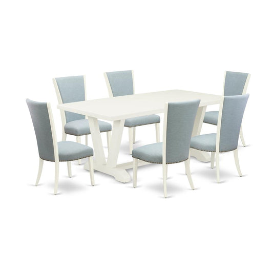 7-Piece Mid Century Dining Set - 6 Baby Blue Linen Fabric Parson Dining Chairs And Dining Tables By East West Furniture | Dining Sets | Modishstore