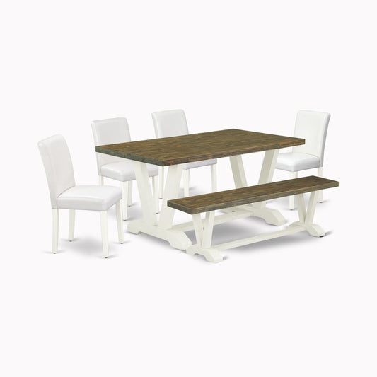 6-Piece Gorgeous Rectangular Table Set An Excellent Distressed Jacobean Wood Table Top And Distressed Jacobean Kitchen Bench And 4 Stunning Pu Leather Padded Chairs Wit And Dining Tables By East West Furniture | Dining Sets | Modishstore