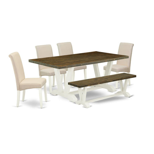 6-Piece Gorgeous Rectangular Dining Room Table Set A Good Distressed Jacobean Modern Dining Table Top And Distressed Jacobean Small Bench And 4 Beautiful Linen Fabric Parson Dining And Dining Tables By East West Furniture | Dining Sets | Modishstore