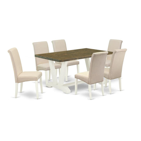 7-Piece Modern Dining Table Set A Superb Distressed Jacobean Kitchen Rectangular Table Top And 6 Stunning Linen Fabric Solid Wood Leg Chairs And Dining Tables By East West Furniture | Dining Sets | Modishstore