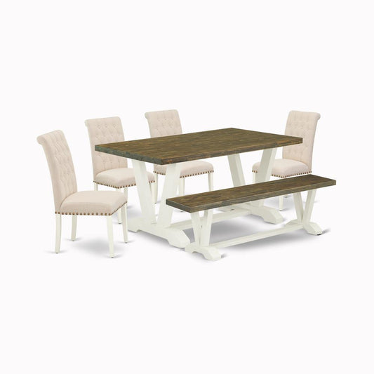 6-Piece Fashionable Modern Dining Table Set A Superb Distressed Jacobean Dining Table Top And Distressed Jacobean Wood Bench And 4 Beautiful Linen Fabric Parson Dining And Dining Tables By East West Furniture | Dining Sets | Modishstore