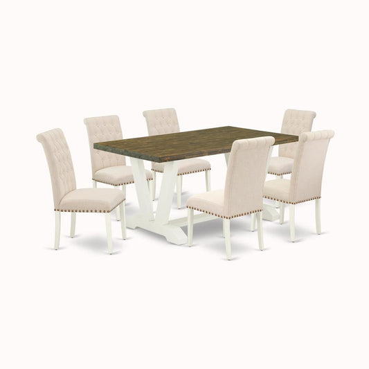 7-Piece Fashionable Rectangular Table Set A Great Distressed Jacobean Dining Table Top And 6 Stunning Linen Fabric Kitchen Chairs And Dining Tables By East West Furniture | Dining Sets | Modishstore