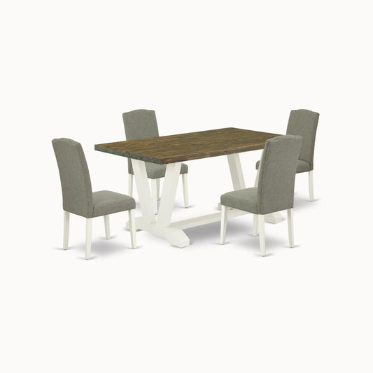 5-Piece Modern Kitchen Table Set An Outstanding Distressed Jacobean Wood Dining Table Top And 4 Attractive Linen Fabric Padded Parson Chairs And Dining Tables By East West Furniture | Dining Sets | Modishstore
