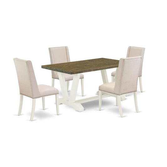 5-Piece Stylish Dining Room Table Set An Excellent Distressed Jacobean Color Rectangular Dining Table Top And 4 Beautiful Linen Fabric Cream Color Kitchen Chairs And Dining Tables By East West Furniture | Dining Sets | Modishstore