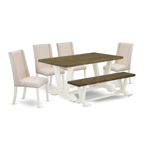 6-Piece Fashionable An Excellent Distressed Jacobean Dining Table Top And Distressed Jacobean Wood Bench And 4 Gorgeous Linen Fabric Kitchen Parson Chairs And Dining Tables By East West Furniture | Dining Sets | Modishstore