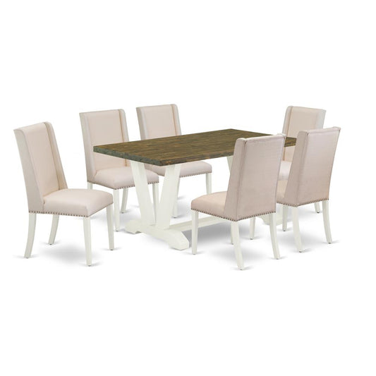 7-Piece Gorgeous Modern Dining Table Set A Distressed Jacobean Color Rectangular Table Top And 6 Beautiful Linen Fabric Cream Color Kitchen Chairs And Dining Tables By East West Furniture | Dining Sets | Modishstore