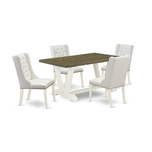 5-Pc Dining Table Set Contains 4 White Pu Leather Upholstered Dining Chairs Button Tufted And Dining Tables By East West Furniture | Dining Sets | Modishstore