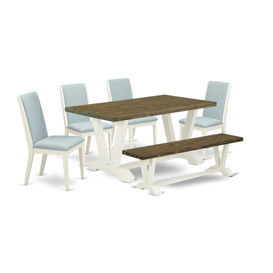 6Pc Dinette Sets For Small Spaces Consists Of A Dining Room Table, 4 Parsons Chairs With Baby Blue Color Linen Fabric And A Bench, Medium Size Table With Full Back Chai By East West Furniture | Dining Sets | Modishstore