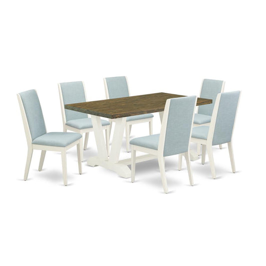 7Pc Dinette Set Offers A Wood Dining Table And 6 Parsons Dining Chairs With Baby Blue Color Linen Fabric, Medium Size Table With Full Back Chairs, Wirebrushed Linen Whi By East West Furniture | Dining Sets | Modishstore
