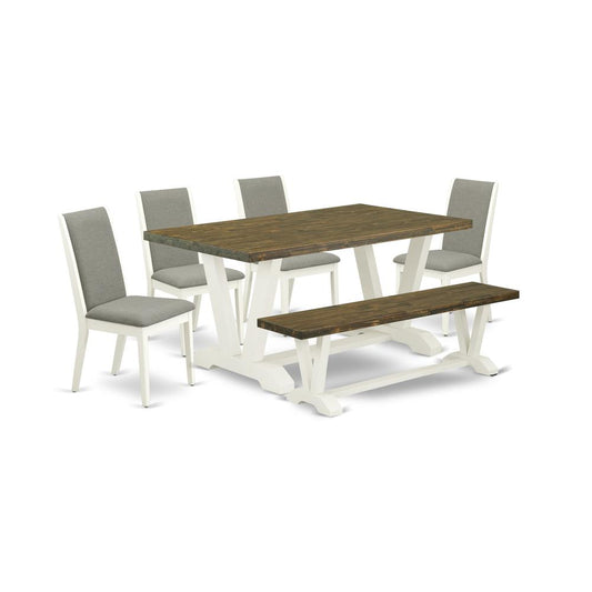 6-Piece Fashionable Dining Room Set An Excellent Distressed Jacobean Kitchen Rectangular Table Top And Distressed Jacobean Bench And 4 Amazing Linen Fabric Dining Chair And Dining Tables By East West Furniture | Dining Sets | Modishstore