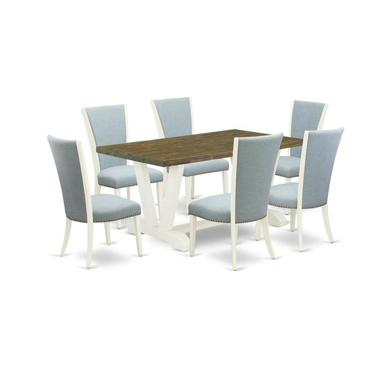 7 Piece Dining Room Set - 6 Baby Blue Linen Fabric Kitchen Chair And Dining Tables By East West Furniture | Dining Sets | Modishstore