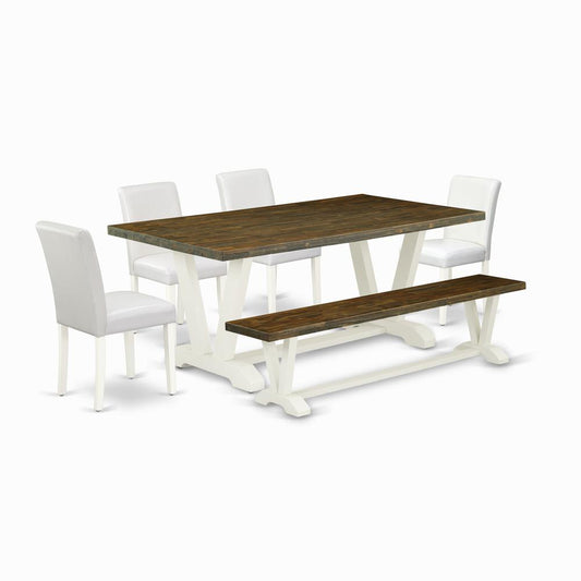 6-Piece Fashionable Dining Room Table Set A Superb Distressed Jacobean Kitchen Rectangular Table Top And Distressed Jacobean Wooden Bench Indoor And 4 Beautiful Pu Leat And Dining Tables By East West Furniture | Dining Sets | Modishstore