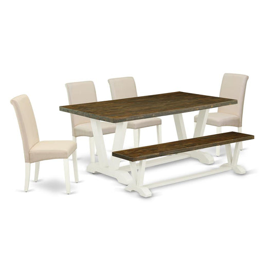 6-Piece Fashionable Dining Set A Great Distressed Jacobean Wood Dining Table Top And Distressed Jacobean Kitchen Bench And 4 Gorgeous Linen Fabric Kitchen Parson Chairs And Dining Tables By East West Furniture | Dining Sets | Modishstore