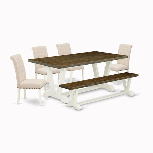 6-Piece Modern Dining Set An Outstanding Distressed Jacobean Wood Table Top And Distressed Jacobean Wood Bench And 4 Beautiful Linen Fabric Parson Chairs And Dining Tables By East West Furniture | Dining Sets | Modishstore