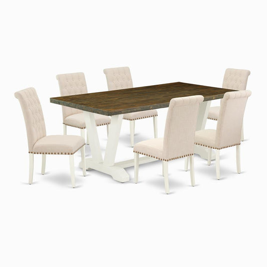 7-Piece Amazing Dining Table Set An Outstanding Distressed Jacobean Wood Table Top And 6 Beautiful Linen Fabric Modern Dining Chairs And Dining Tables By East West Furniture | Dining Sets | Modishstore