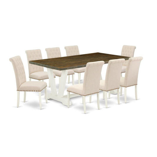 9-Piece Awesome Modern Dining Table Set An Excellent Distressed Jacobean Rectangular Table Top And 8 Lovely Linen Fabric Solid Wood Leg Chairs And Dining Tables By East West Furniture | Dining Sets | Modishstore