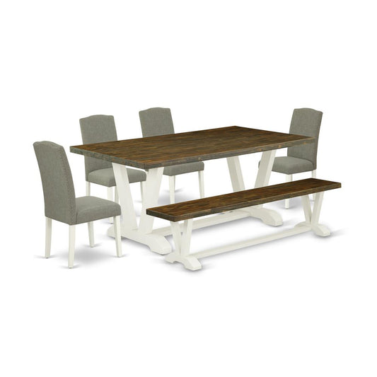 6-Piece Stylish Dining Set An Excellent Distressed Jacobean Kitchen Table Top And Distressed Jacobean Wooden Bench And 4 Attractive Linen Fabric Upholstered Dining Chai And Dining Tables By East West Furniture | Dining Sets | Modishstore