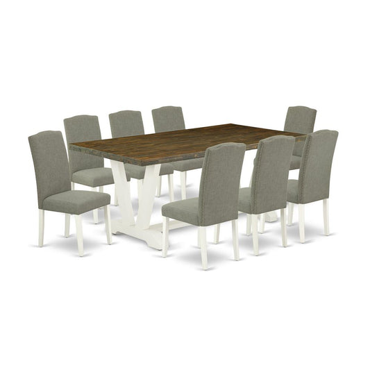 9-Piece Modern Dining Table Set An Excellent Distressed Jacobean Dining Table Top And 8 Stunning Linen Fabric Dining Chairs And Dining Tables By East West Furniture | Dining Sets | Modishstore