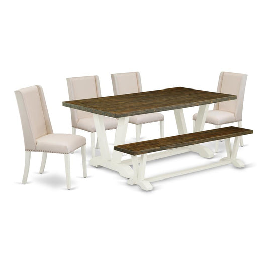 6-Piece Amazing Rectangular Dining Room Table Set An Outstanding Distressed Jacobean Kitchen Rectangular Table Top And Distressed Jacobean Dining Bench And 4 Lovely Linen Fabric Di And Dining Tables By East West Furniture | Dining Sets | Modishstore