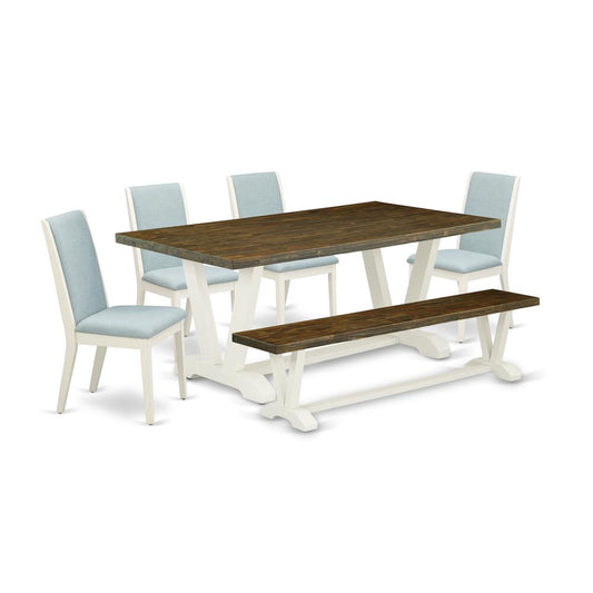 6Pc Dining Table Set Includes A Wood Dining Table, 4 Parsons Dining Chairs With Baby Blue Color Linen Fabric And A Bench, Medium Size Table With Full Back Chairs, Wireb By East West Furniture | Dining Sets | Modishstore