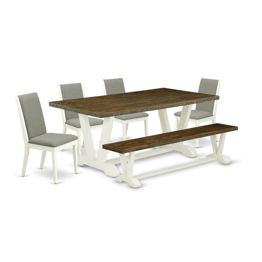 6-Piece Amazing Dining Table Set An Outstanding Distressed Jacobean Wood Table Top And Distressed Jacobean Wooden Bench Indoor And 4 Gorgeous Linen Fabric Parson Dining And Dining Tables By East West Furniture | Dining Sets | Modishstore