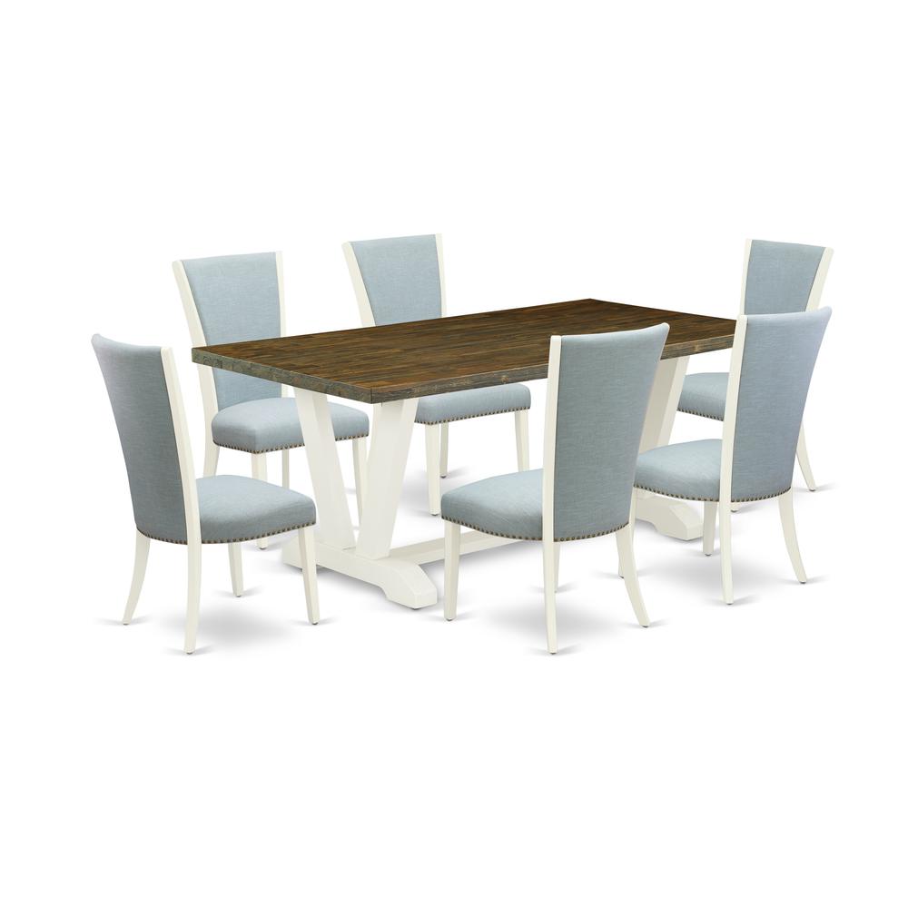 7 Piece Dining Set - 6 Baby Blue Linen Fabric Kitchen Chairs And Dining Tables By East West Furniture | Dining Sets | Modishstore