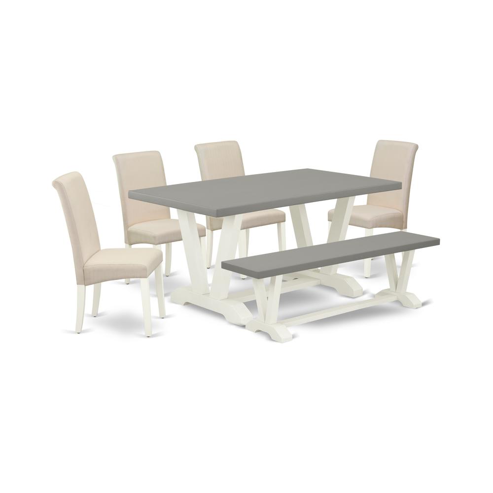 6-Piece Beautiful Dining Table Set An Excellent Cement Color Dining Table Top And Cement Color Bench And 4 Gorgeous Linen Fabric Padded Parson Chairs And Dining Tables By East West Furniture | Dining Sets | Modishstore