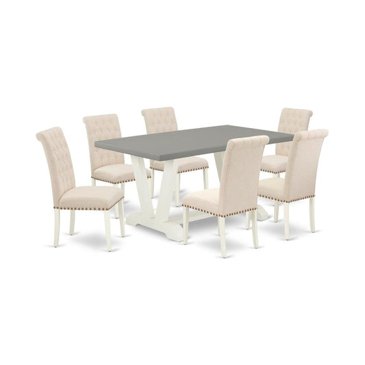 7-Piece Awesome Dining Table Set An Outstanding Cement Color Rectangular Table Top And 6 Stunning Linen Fabric Padded Chairs And Dining Tables By East West Furniture | Dining Sets | Modishstore