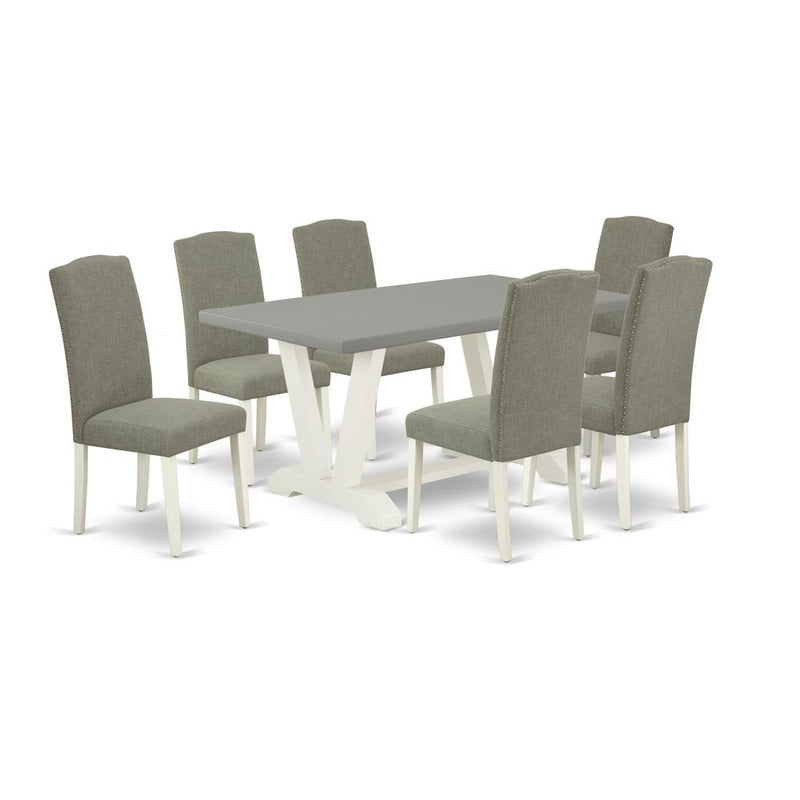 7-Piece Fashionable Dining Room Table Set A Good Cement Color Kitchen Rectangular Table Top And 6 Excellent Linen Fabric Parson Chairs And Dining Tables By East West Furniture | Dining Sets | Modishstore