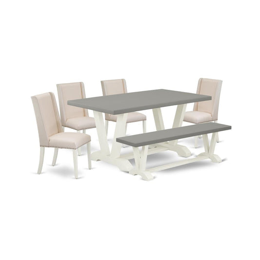 6-Piece Modern Dining Room Table Set An Excellent Cement Color Dining Table Top And Cement Color Small Bench And 4 Lovely Linen Fabric Padded Chairs By East West Furniture | Dining Sets | Modishstore