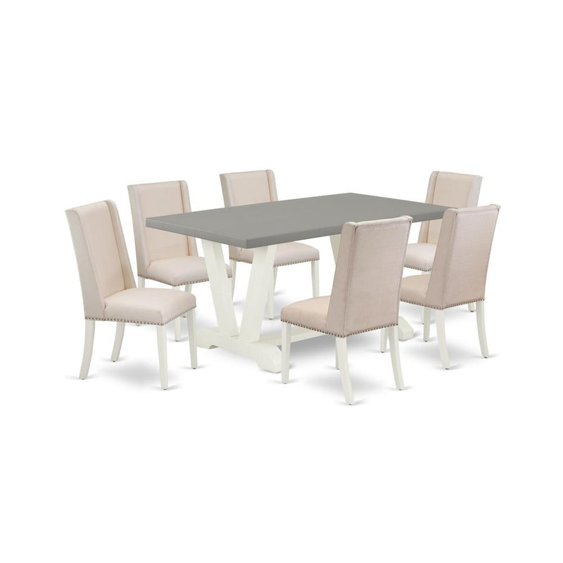 7-Piece Fashionable Dining Room Table Set An Outstanding Cement Color Kitchen Table Top And 6 Lovely Linen Fabric Kitchen Chairs By East West Furniture | Dining Sets | Modishstore