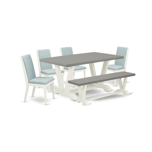 6-Piece Gorgeous Rectangular Table Set An Excellent Cement Color Dining Room Table Top And Cement Color Indoor Bench And 4 Wonderful Linen Fabric Padded Chairs By East West Furniture | Dining Sets | Modishstore