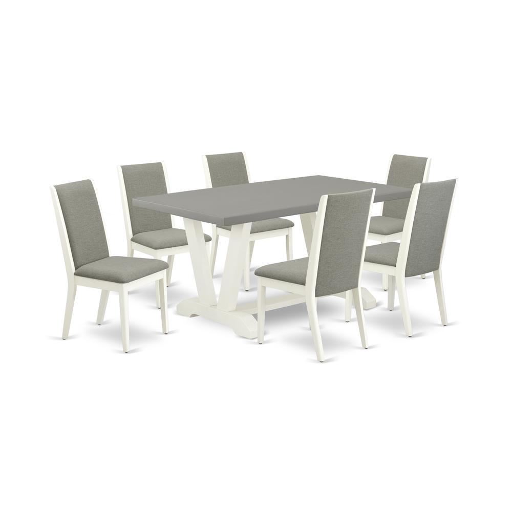 7-Piece Beautiful Dining Set A Superb Cement Color Wood Table Top And 6 Gorgeous Linen Fabric Dining Chairs By East West Furniture | Dining Sets | Modishstore